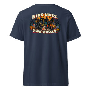 Nine Lives. Two Wheels. — Unisex V-Neck Tee